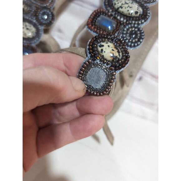 Sigerson Morrison Tan Suede Beaded Stone Sandals Ankle Straps Gladiator Size 9 - Picture 6 of 15